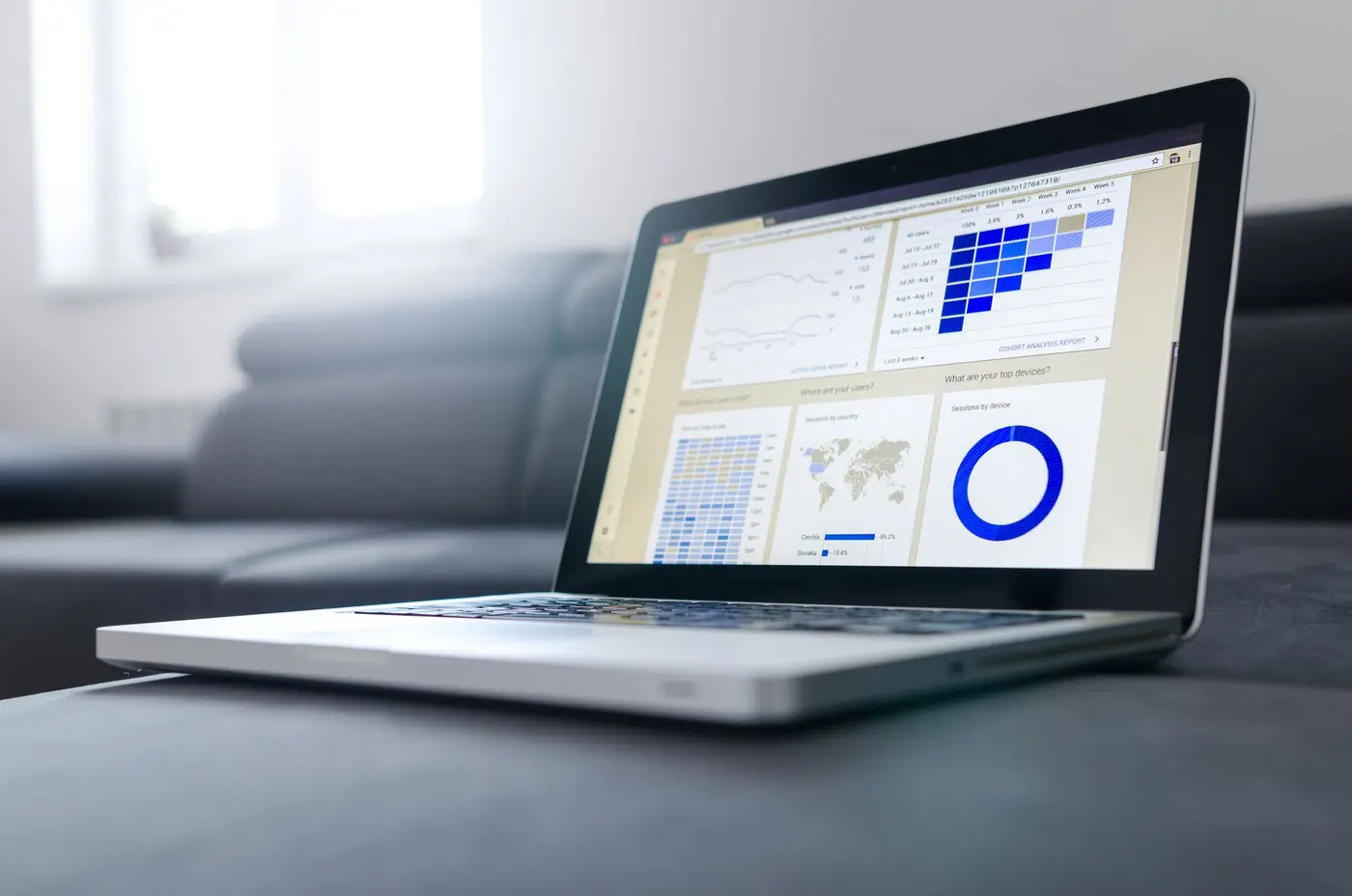 Laptop on a desk showing an analytics dashboard with growth charts